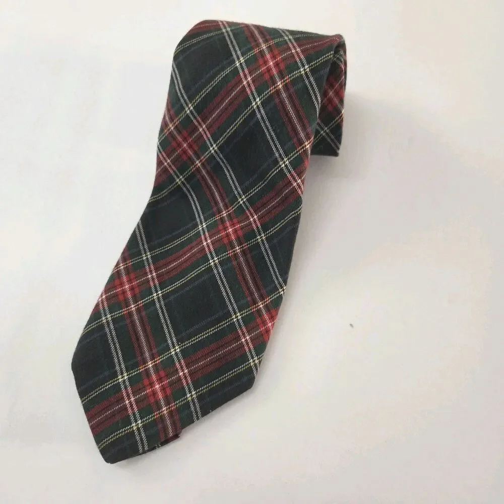 Vintage Rooster Tie Mens 100% Cotton Plaid Tartan Red Green Made in USA